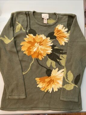 Vintage gorgeous thick cotton ramie sweater flowers Belle Isle